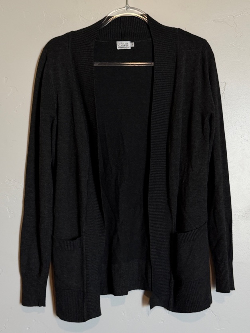 Cielo Charcoal Open-Front Cardigan with Front Pockets Classic Knit Sweater